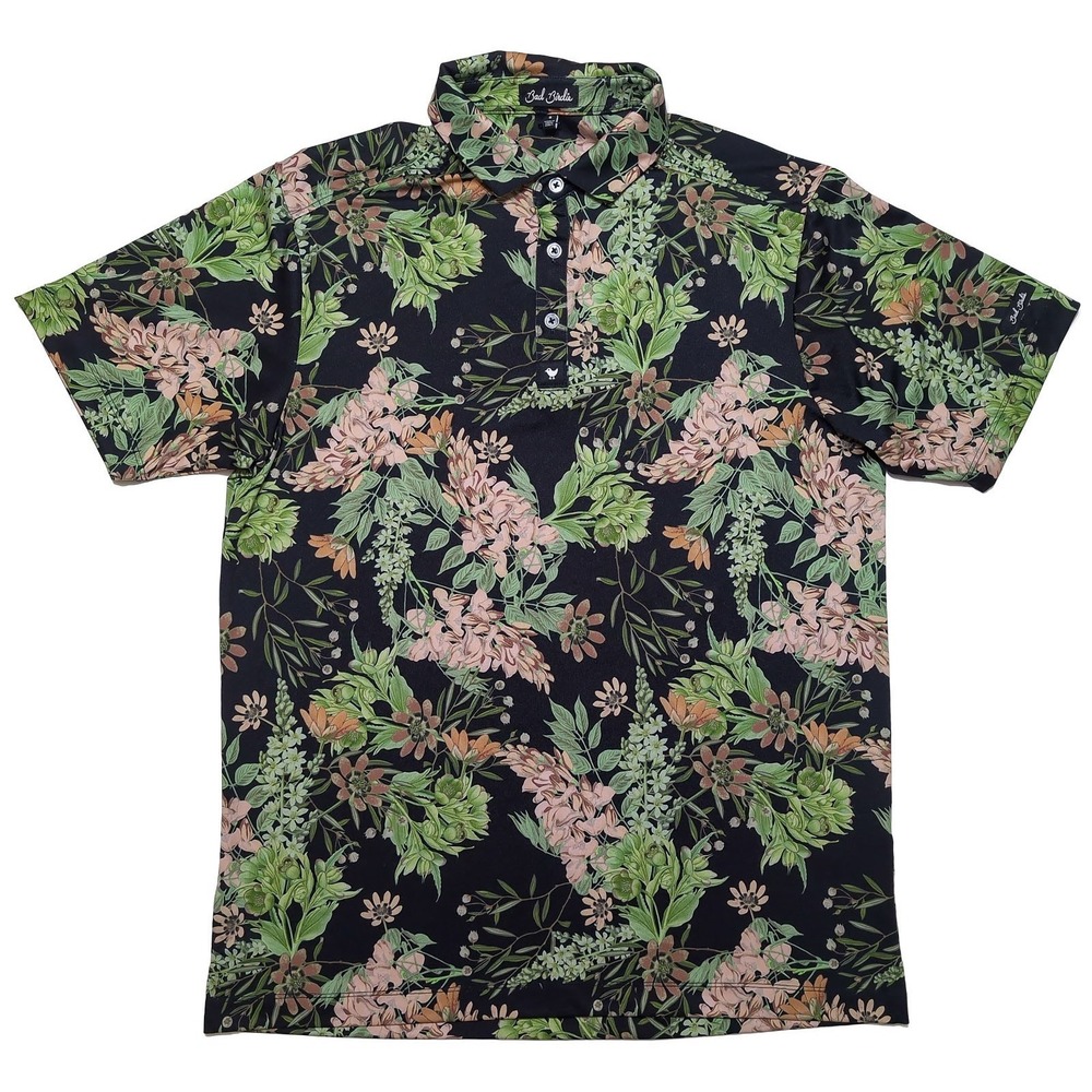 BAD BIRDIE Men's‎ Short Sleeve Polo Shirt Randy's Moss Green Pink Floral Small S